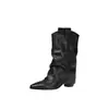 Botines estilo caricatura para niña con puños volantes, colección otoño/invierno 2026, piel de oveja, diseño plisado, tacón medio grueso, punta cuadrada pequeña, abertura en forma de V, botas de media pantorrilla para mujer