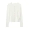 Cardigã de tricô com gola redonda em estilo minimalista para mulheres, perfeito para o início do outono, leve, feito com lã sintética de alta qualidade, branco elegante, versátil como camada base