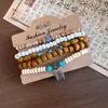 Couro, madeira, pedra, casca de coco, contas redondas, flores, folhas, conjunto de pulseiras elásticas, pulseira vintage, acessório de mão de luxo leve