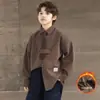Camisa Larga de Manga Larga Retro Rayada de Alta Gama Forrada de Polar para Niños 2026 Invierno Nueva Moda Marca Casual Camisa Chaqueta Venta al por Mayor