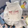 Sudadera con capucha estampada con letras, corte holgado, forro polar, estilo estudiantil, top sencillo de invierno 2026