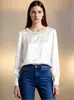Site independente Wish Amazon primavera-verão estilo francês pérola gola redonda cetim manga longa camisa feminina com bordado