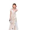Vestido de verano 2025 con mangas abullonadas irregulares de estilo francés, elegante, ajustado, de longitud media, para mujer