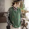 Novedad Otoño/Invierno 2026 Chaleco de Hilo de Algodón Bordado Versátil Artístico Holgado Casual Cuello Redondo para Mujer Jersey de Punto MHT