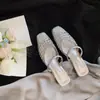 Mules Cuadrados con Tira Trenzada Hueca y Tacón Grueso Estilo Francés para Mujer, Nuevas Sandalias Cerradas Transpirables Versátiles de Verano