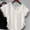 Camiseta de Renda com Decote V Cor Sólida Manga Curta Feminina Verão Nova Solta com Efeito Emagrecedor Manga Flutuante Exclusivo Transfronteiriço
