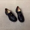 Versão em Couro~Mocassins de Solado Grosso para Mulheres, Sapatos de Salto Bloco Chunky Retrô, Sapatos de Couro Versáteis Slip-On Estilo Britânico