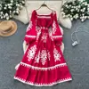 Vestido Largo de Estilo Coreano Cuadrado con Estampado Retro y Mangas Largas para Mujer, Vestido Largo de Verano Estilo Bohemio con Cintura Ceñida y Corte en A