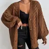 Cárdigan de Punto Vintage Europeo y Americano con Cuello en V para Mujer, Corte Holgado con Mangas de Lámpara de Punto Trenzado, Suéter Casual para Exteriores