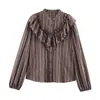 Comércio Exterior Transfronteiriço Roupas Femininas Moda Outono e Inverno 2025 Estilo Europeu e Americano Camisa de Manga Longa com Listras e Gola Alta de Botão Único para Mulheres