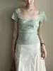 Lalglow Camiseta de Encaje Calada Estilo Francés Vintage Hecha a Mano con Ganchillo Ajustada de Manga Corta para Mujer, Top Transpirable para el Verano