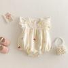 Macacão Bebê Estilo Coreano com Bolsos Pequenos Esquerdo e Direito, Macacão de Verão Bordado com Laço para Bebê, Roupas Finas para Bebê de Um Ano Recém-Nascido