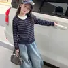 Cárdigan de punto a rayas para niños Ropa para niños grandes Estilo coreano moderno Abrigo suéter Delgado para niñas 2026 Primavera Otoño Nueva llegada