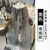 Calça Casual Reta Xadrez 2025 Feminina Cintura Alta Cordão Calça Wide Leg Verão Fluida Versátil Comprimento Total