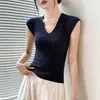 Top de Malha Verão Slim Fit Gola V Sem Mangas 2026 Novo Estilo Camisa Base Feminina Camiseta para Usar em Camadas ou Sozinha