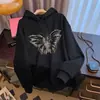 Moletom com capuz forrado de fleece e estampa de borboleta da moda estilo americano para mulheres, 206, uma jaqueta preta popular de comprimento médio estilo coreano para outono/inverno