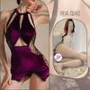 Lencería Sexy, Terciopelo de Pura Pasión, Encanto Morado Adelgazante, Cuello Halter, Cheongsam Clásico, Lencería Coqueta