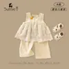 Conjunto de Roupa de Verão para Meninas, Bebês e Crianças Pequenas Classe a Elegante Vestido de Renda sem Mangas e Calça Longa Roupa Infantil Conjunto de Duas Peças