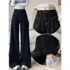 Jeans Negros Gruesos de Pierna Ancha Estilo Retro con Forro de Felpa para Mujer, Otoño e Invierno, Tipo de Cuerpo Pera, Cintura Alta, Corte Holgado, Pantalones Rectos Adelgazantes