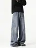 Jeans azules de corte inclinado para hombre, pantalones anchos de pierna recta a la moda, lavado suelto retro americano de otoño para adolescentes