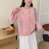 Suéter de Encaje con Flores en Gradiente Tridimensional de Estilo Coreano para Primavera y Otoño, Nuevo Estilo Suave, Resistente, para Mujer, Cárdigan Corto de Punto Dulce
