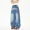 Calça Jeans Bordada Estilo Streetwear Hip-Hop Americano 2025 para Homens e Mulheres, Tendência Nacional Casual Largo de Perna Larga