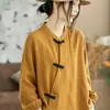 Nova camisa casual da moda estilo chinês 2026 com carcela diagonal e fechamento por botões, top feminino de manga longa retrô artístico em camada dupla, moderno