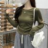Camiseta Ajustada de Manga Larga con Corte para Mujer, Diseño de Moda y de Nicho, Suéter Corto de Color Sólido con Cuello Redondo