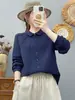 Camisa de manga comprida em gaze de algodão puro de camada dupla para mulheres, projetada para exportação ao Japão, com linhas plissadas e uma textura macia e amigável à pele