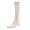 Nuevas botas de tacón alto de punta alta hasta la rodilla para mujeres petite, botas de rodilla ajustadas de cuero sintético 2026