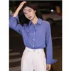 Camisa Azul Casual para Mulheres 2026 Nova Coleção Primavera e Outono Gola Lapela Manga Longa Estilosa Versátil Camisa Xadrez para Figuras Petite
