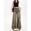 Jeans largo rasgado estilo deserto retrô americano para mulheres, novas calças retas folgadas de cintura alta emagrecedoras plus size