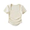 Camiseta sexy de verano 2023 para mujer, estilo europeo y americano, de manga corta, cuello cuadrado, corte entallado, parte inferior curvada y plisada lateral