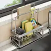 Novo escorredor de pia organizador de aço inoxidável, um item popular de recompra, para pias de cozinha, sem necessidade de perfuração, grande capacidade