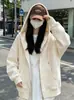 Moletom High Street Retrô Americano Feminino Primavera Outono Tamanho Grande Cor Sólida Jaqueta Fina com Capuz Estilo Preguiçoso Cardigan