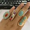 Anillo Étnico Retro Turquesa Pluma Tallada Moda y Personalizado Juego de Anillos Combinados de 8 Piezas Venta al Mayoreo