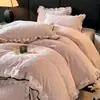 Juego de ropa de cama de cuatro piezas estilo princesa francesa 8D con relieve de terciopelo de leche, engrosado, cálido, felpudo, con encaje femenino, para invierno