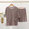 Conjunto de Shorts Finos de Manga Curta em Modal Feminino Verão Roupa de Casa Solto Gola Redonda Tamanho Grande Peça Externa Casual Conjunto de Duas Peças
