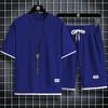 Camiseta de manga corta de dos piezas con estampado de gofres para hombre, traje deportivo informal de marca de moda de verano para adolescentes y estudiantes.