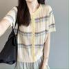 Cárdigan de punto corto transpirable con rayas de colores en contraste, cuello redondo, manga corta, Tencel Lino, diseño calado para mujer, verano T0729Z
