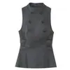 Ropa Europea y Americana Transfronteriza para Mujer INS Celebridad de Internet Artículo Popular Top sin Mangas de Botones Doble Botonadura Verde Oliva Gris Otro Piel de Conejo