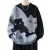 Tricô Estilo College Masculino Outono e Inverno Cor Contrastante Gato Tricô Masculino Solto Estilo Preguiçoso Jovem Bonito Tops