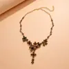 Pendientes y Collar de Borla de Flor de Pedrería Color Café Transfronterizos Europeos y Americanos, Cadena para Clavícula de Nicho de Lujo Ligero, Juego de Joyas Vintage