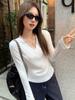 Chicas Calientes Cuello en V Clavícula Lijado Cálido Manga Larga Otoño e Invierno Diseño Manga Acampanada Sensación Slim Top de Cachemira