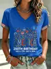 Fabricante Direto Roupas Femininas Transfronteiriças EUA 250ª Camiseta com Estampa Digital Decote V Dia da Independência Estrelas e Águias