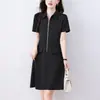 Vestido sweatshirt casual e simples de manga curta com gola polo e zíper para mulheres, slim fit de verão, elegante vestido midi plus size