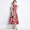 Vestido estilo court para mujer, largo, europeo y americano, 2024, transfronterizo, nuevo, retro, sin mangas, estampado, vestido de verano para mujer