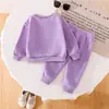 Conjunto de Outono Inverno para Bebê Menina com Pelúcia Interna Roxo Taro Estampa de Coração Moletom Calça Jogger Conjunto Quente de Duas Peças para Menina Pequena