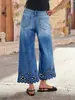 Jeans populares de talla grande para mujer de TEMU, con seis detalles de encaje en forma de X, pierna ancha, corte recto, ajuste holgado y largo cropped