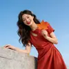 Falda Retro de Cuello V con Mangas Abullonadas 2026 Nuevo Verano Delgada Larga con Puntadas Caladas Vestido Elegante para Mujer